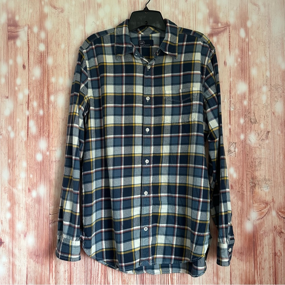 Gap Navy Blue Plaid Flannel Button Front Long Sleeve Shirt Size L